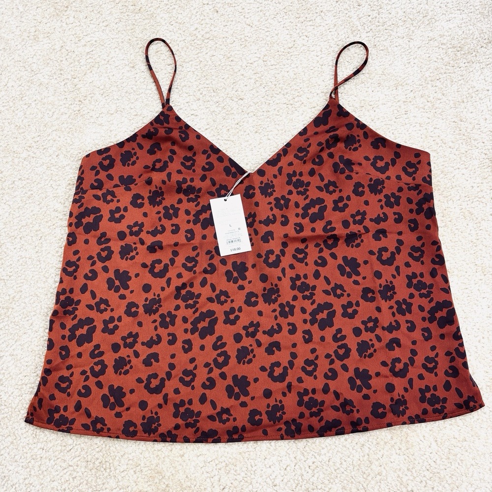 A New Day Leopard Print Brown Satin Camisole Top Womens Large V-Neck NWT